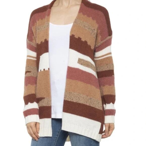 Elsamanda Aztec Print Drape Cardigan Womens Medium Brown Colorblock Layer Topper - Picture 1 of 8